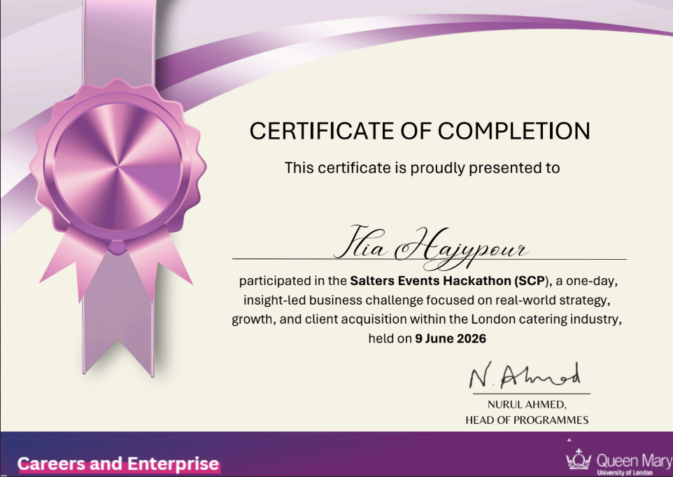Salters Events Hackathon certificate