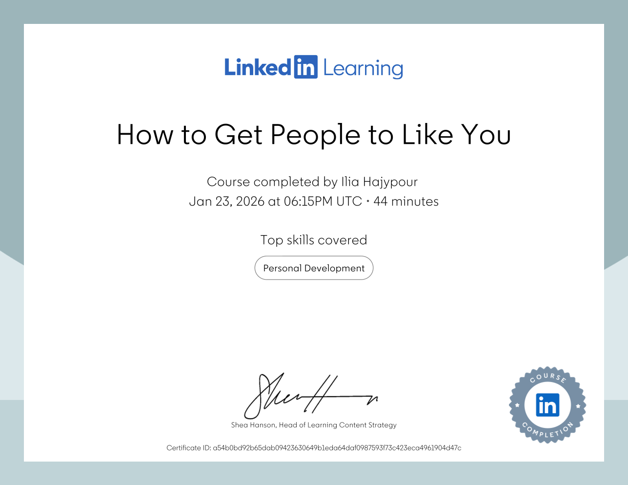 LinkedIn Learning course certificate